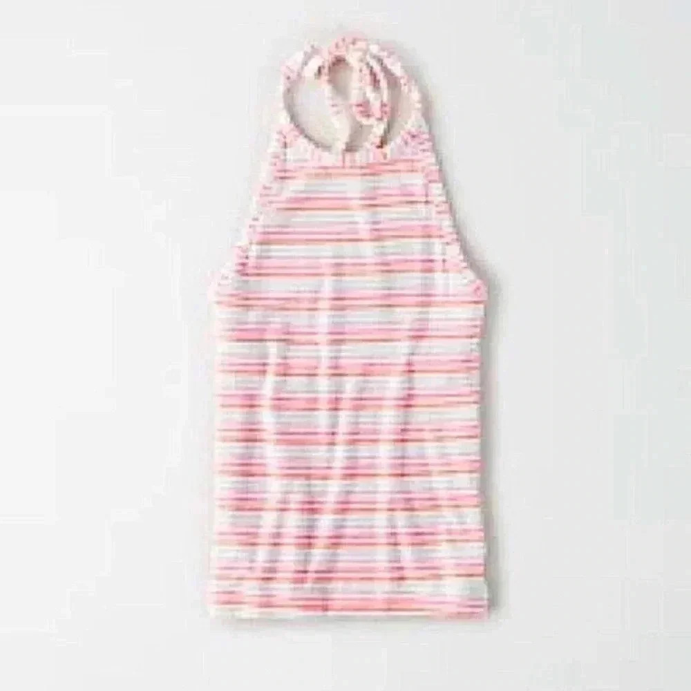 AE Soft & Sexy Summer Striped Cropped Halter Tie Top Pink Candy Stripe XL